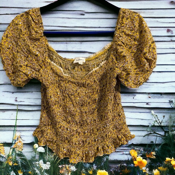 bohme Tops - Bohme Mustard Yellow Med Elastic Waist Puff Sleeve Floral Feminine Crop Blouse